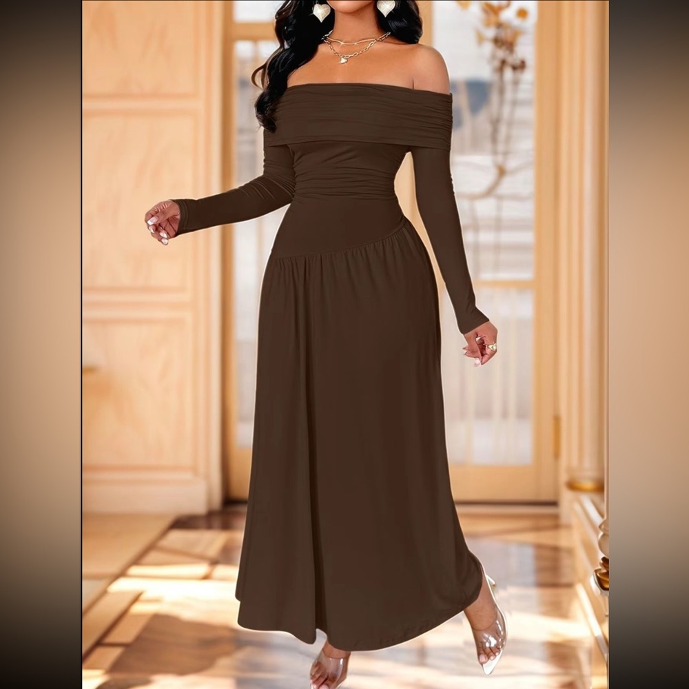 Elegant Brown Off-Shoulder Maxi Dress